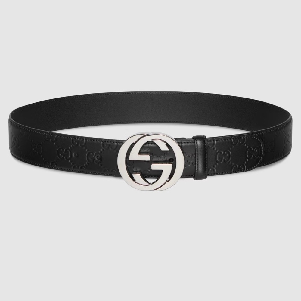 Gucci Black Leather Embossed GG Belt with Silver Interlocking Buckle